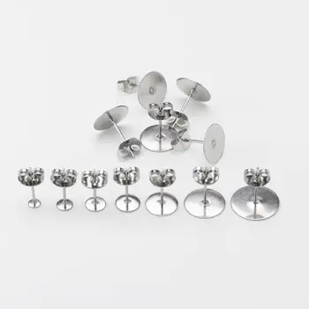 

100pcs/lot 3 4 5 6 8 10 12mm Stainless Steel Blank Post Earring Stud Base Pins With Earring Plug Supplies For DIY Jewelry Making