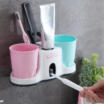 

Wall Mount Toothbrush Holder Automatic Cute Vacuum Pressure Stand Toothpaste Dispenser Home Organizer Wheat Straw With 2 Cups