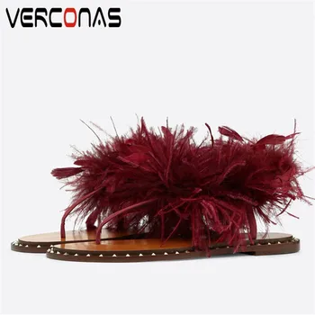 

VERCONAS 2020 Fashion Woman Sandals Woman Flats New Arrival Feather Decoration Shallow Metal Decoration Round Toe Shoes Woman