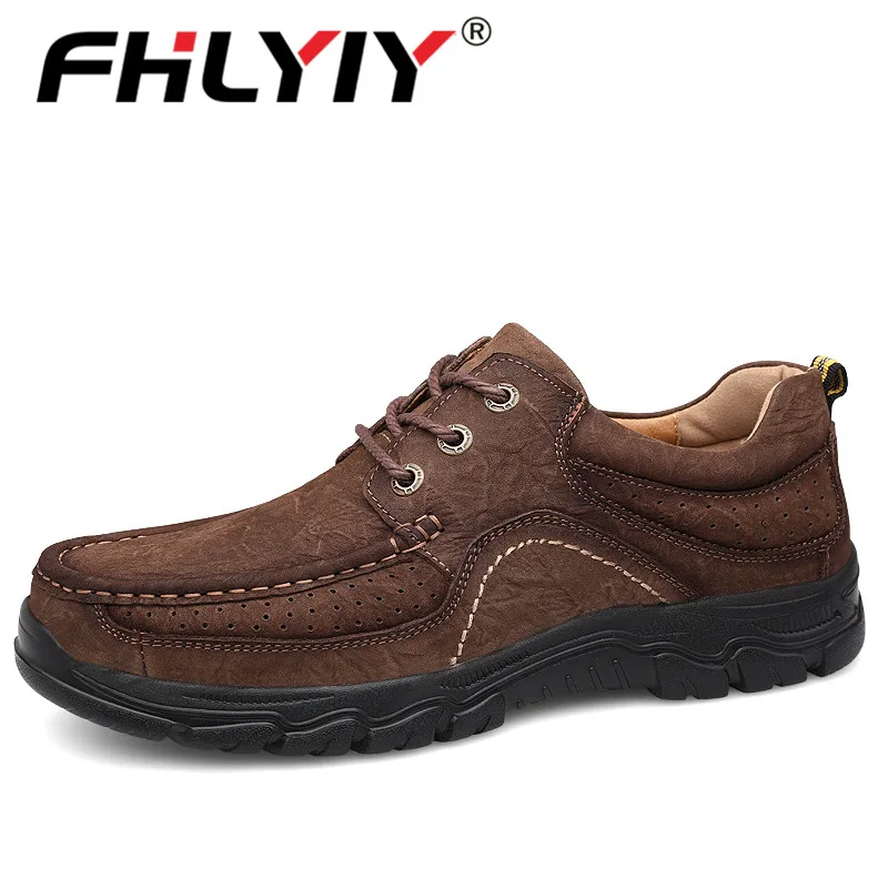 Dark Brown lace-up Fhlyiy/Новинка; брендовая мужская обувь; натуральная кожа; повседневная обувь; высокое качество; Рабочая обувь; летние туфли типа мокасин из телячьей кожи; кроссовки; размер 47 - Цвет: Dark Brown lace-up