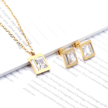 

LUXUKISSKIDS Stainless Steel Wedding Dubai Square Shell Necklace Stud Earrings Bridal Jewelry Set Gold Jewellery Set For Women