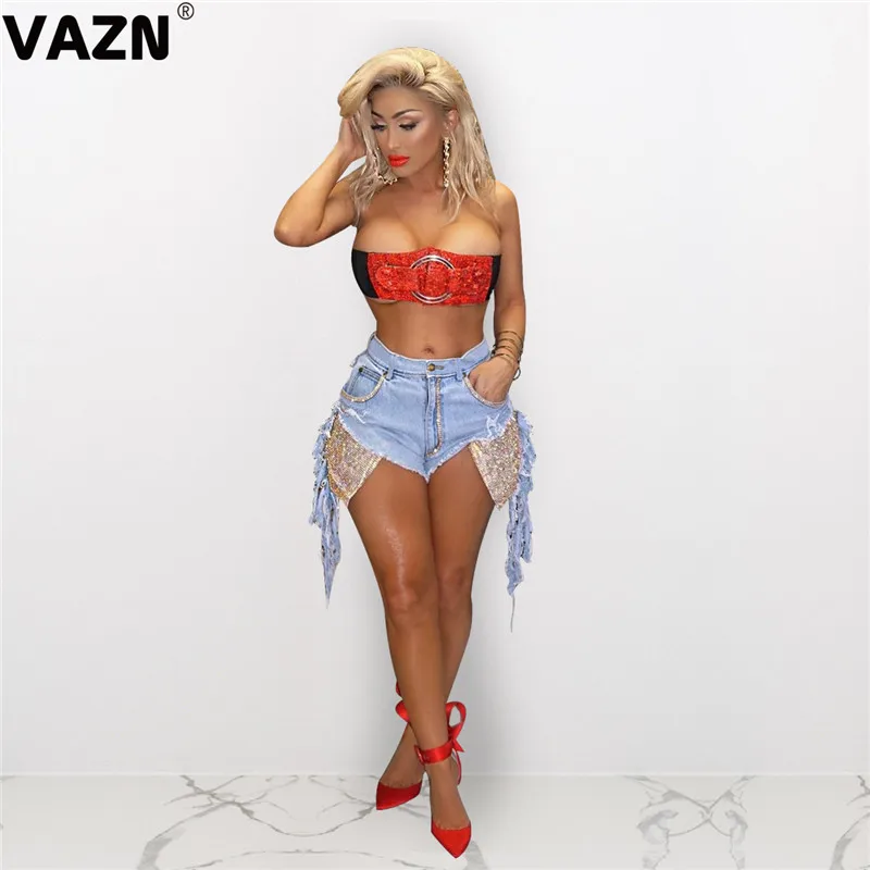 VAZN ME345 Новые Популярные отверстие мода возраст снижение сексуальные однотонные шорты леди тяжелой промышленности блестками Нерегулярные джинсовые брюки