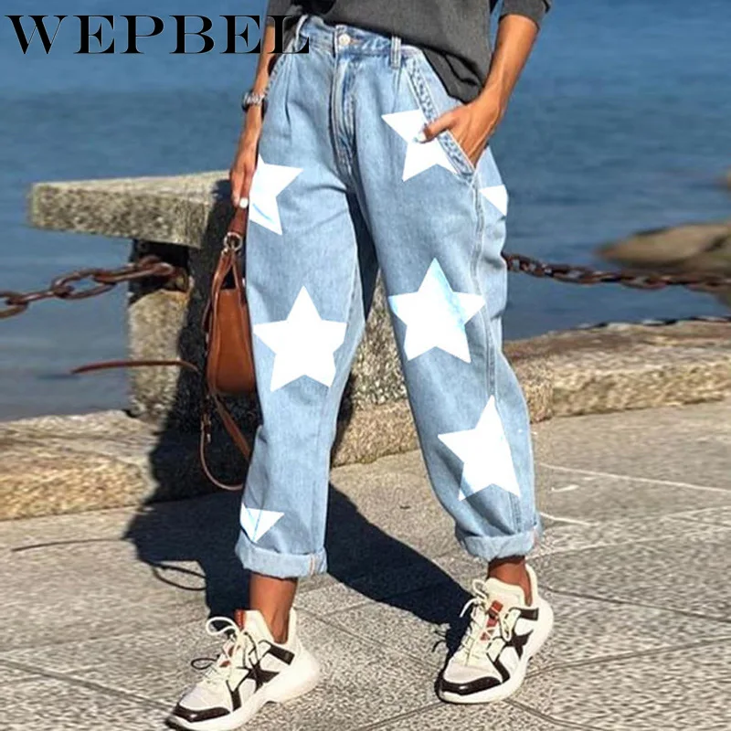 

WEPBEL Women's Loose Denim Straight Pants Casual Autumn Fashion Star Printed Mid-Waist Button Jeans
