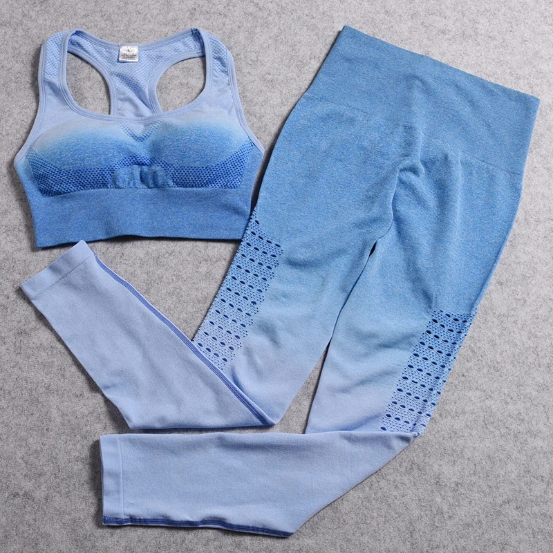 Ombre бесшовный комплект для йоги, спортивный костюм для женщин, 2 предмета, одежда для спортзала, комплект для тренировок, женский спортивный комплект, костюм для фитнеса, одежда для активного отдыха - Color: Blue ombre set