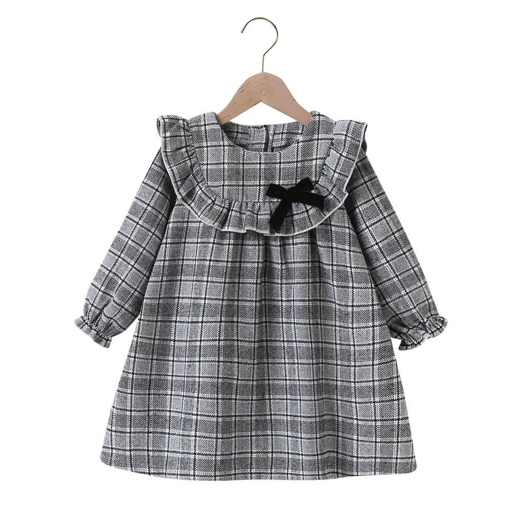 Autumn Winter 2025 New Arrivals Girls Cute Dresses Long Sleeve Gray Plaid  Black Bow Cute Sweet Baby Dress Vestidos 18M-6T - AliExpress