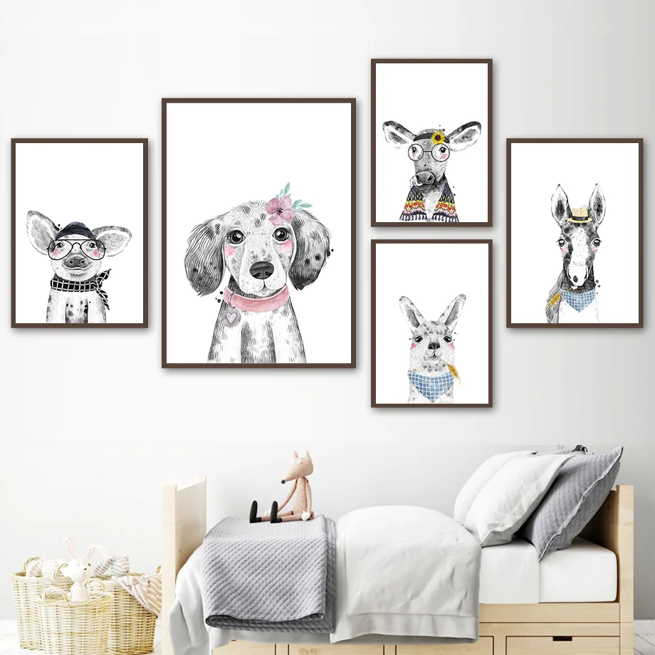 

Nordic Posters And Prints Black White Rabbit Horse Pig Dog Wall Art Canvas Painting Animal Wall Pictures Baby Kids Room Decor