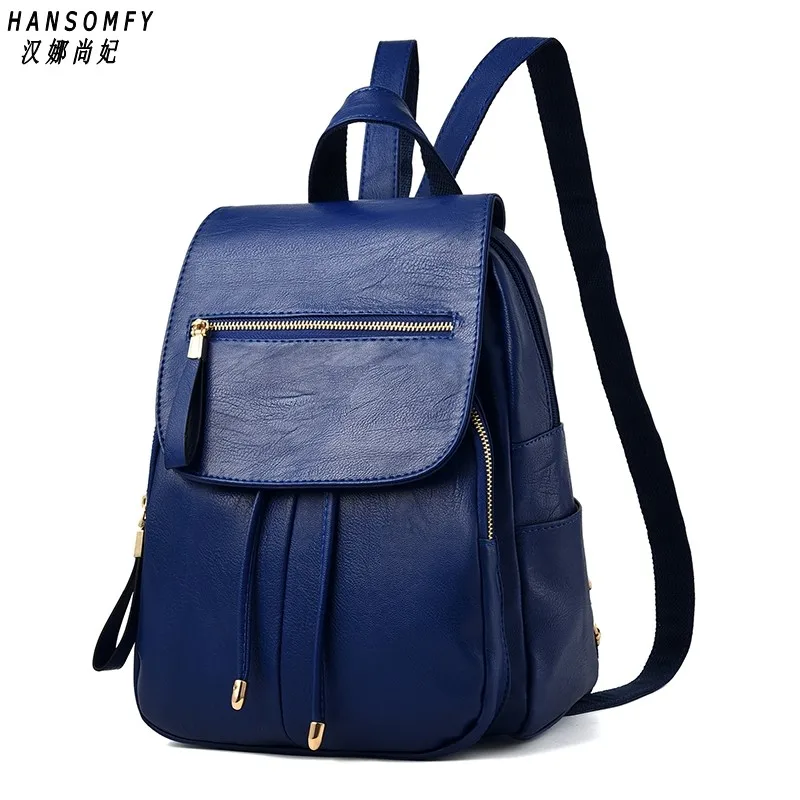 Genuine leather Women backpack New Female backpack spring and summer student fashion casual Korean version of the - Цвет: Синий