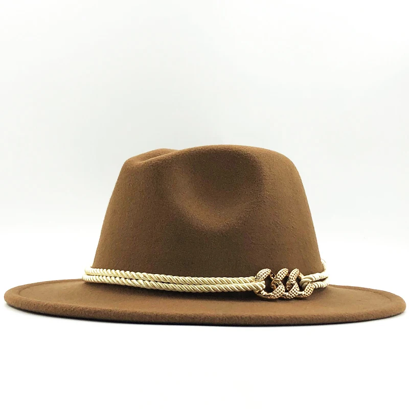 Черный шерстяной фетр Джаз Fedora шапки со шнурками Пряжка декор для женщин унисекс Панама с широкими полями Трилби ковбойская Кепка Панама
