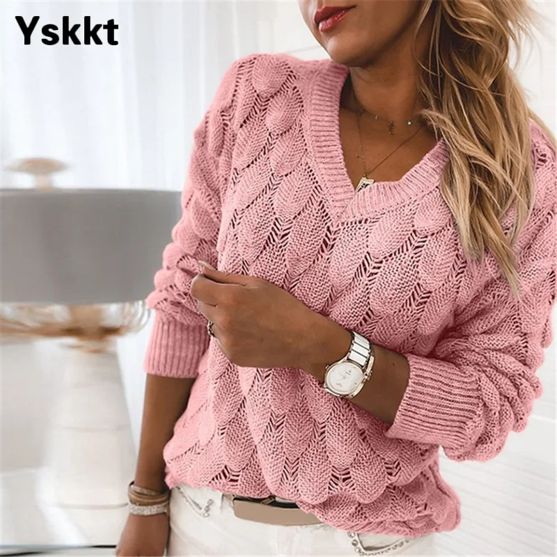 

Women Knitted Sweater Oversize V Neck Sweater Spring Autumn Loose Long Sleeve Lightweight Hollow Out Pullovers Sweaters Tops