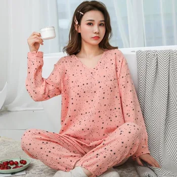 

Texture Crepe Gauze 2 Piece Set Woman Cotton Long sleeve V-Neck Water Washed Pajamas Ladies Sets 2020 Spring Female Homewear