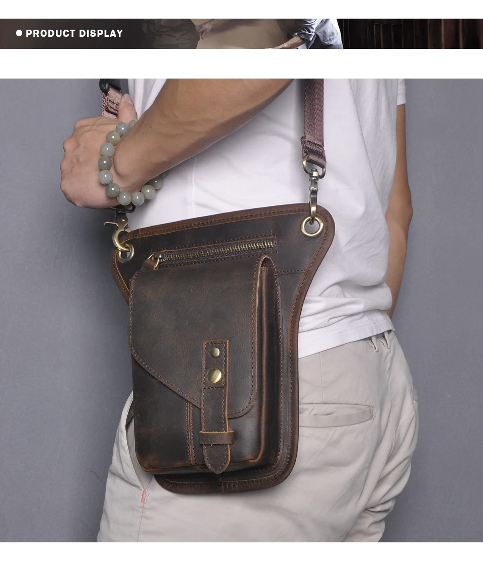 Crazy Horse Leather Small Satchel Cross-body Bag Design Travel Fanny Belt Waist Pack Drop Leg Thigh Bag For Men Male 211-6
