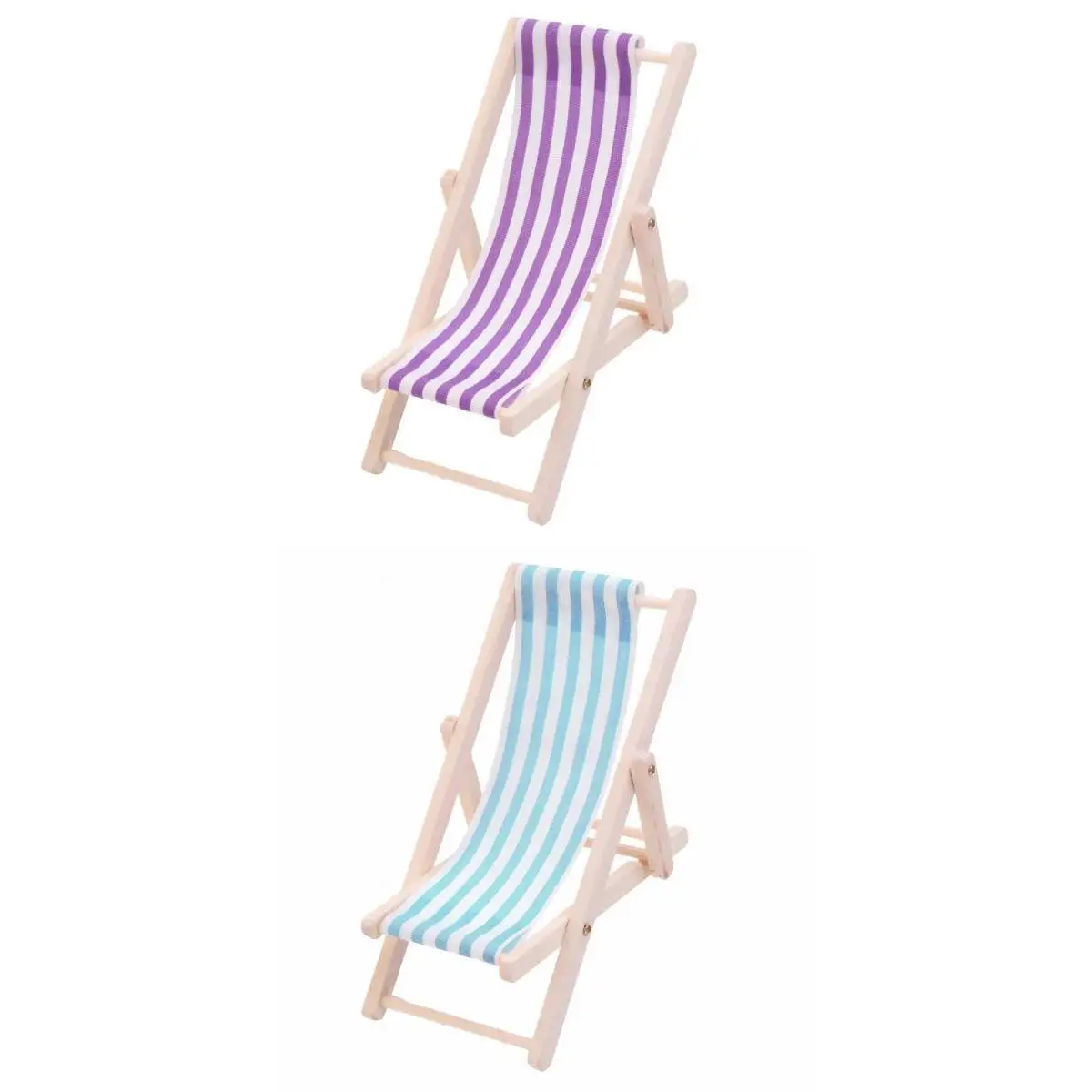 2 Pieces Striped Wooden Lounge Chair Deckchair for 1/12 Dollhouse Miniature Furniture Kids Toys