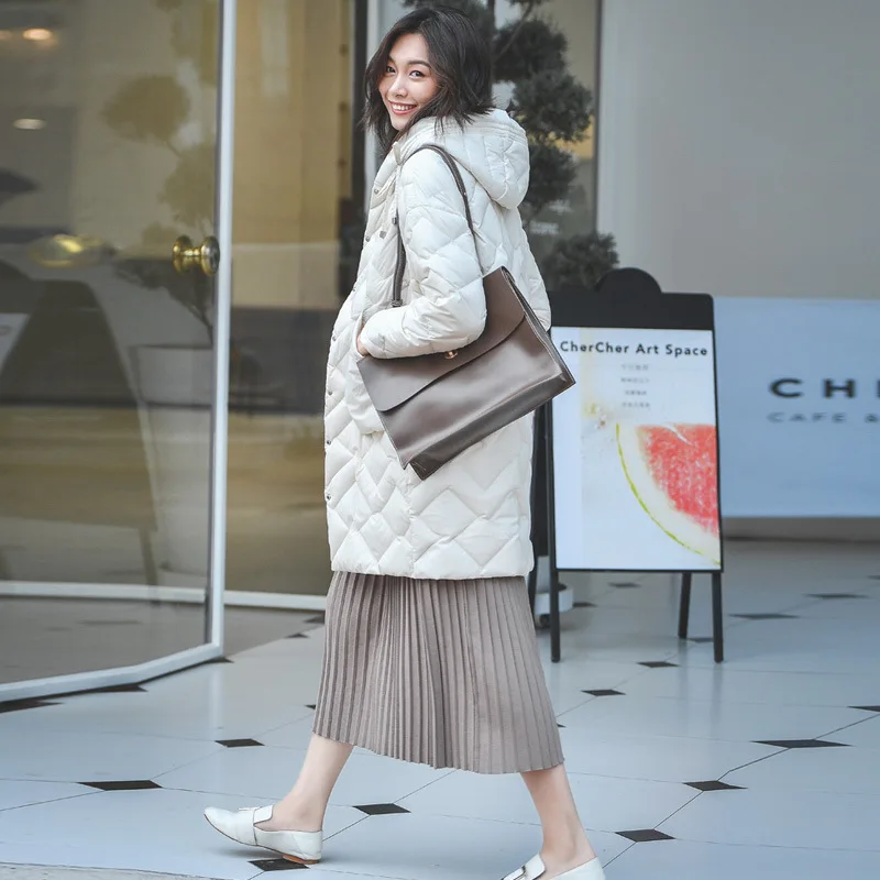 Всесезонный пуховик для женщин средней длины стиль толстый зимний Корейский стиль крутой карман белый утиный пух пальто мода
