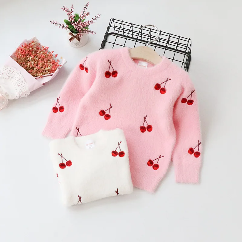 

Girl'S Sweater 2019-Autumn And Winter Baby Sweater Children Korean-style Cherry Faux Mink Cashmere Sweater