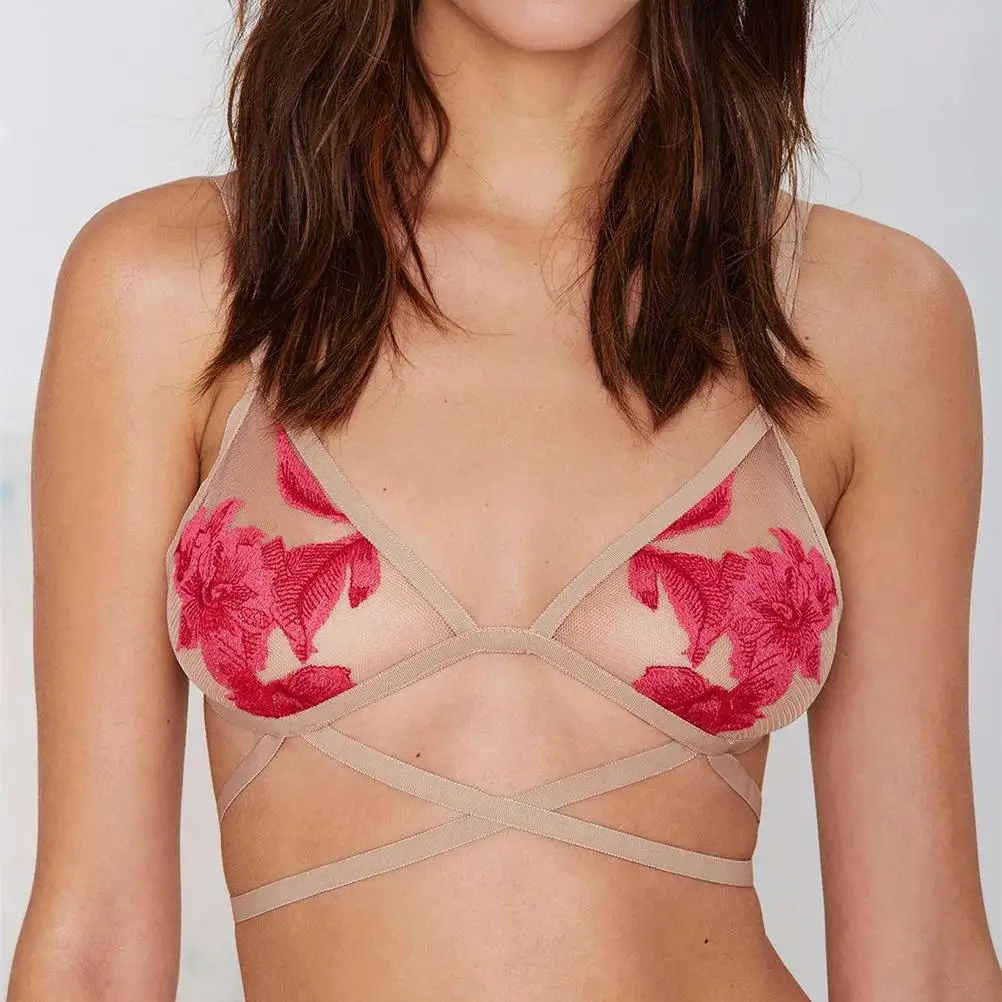 Blue Red Sexy Floral Printed Bra Women Fashion Cut Out Strappy Crop Top Bra Bralette Bustier Corset