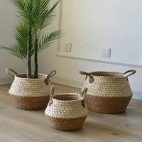 Zerolife-Seaweed Wicker Basket with Handle, Rattan Hanging Flower Pot, Dirty Clothes Storage, Children's Toy Sorting, 3 Size 1