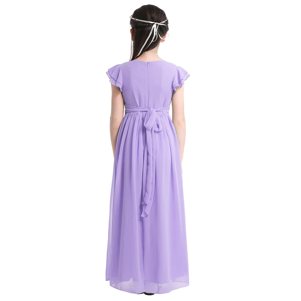 FEESHOW Girls' Flutter Sleeve Chiffon Flower Girl Dress - Lavender Long Gown For Weddings & Parties - View #2