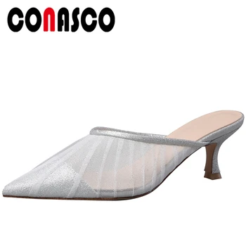 

CONASCO Sexy Fashion Mesh Thin Heels Women Sandals Casual Wedding Mules Slippers Summer 2020 New Arrival High Heels Shoes Woman