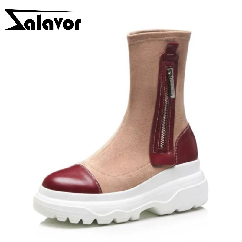 

ZALAVOR Lady Thick Bottom Real Leather Mid Calf Boots Daily Outdoor Winter Shoes Women Zipper Fashion Botas Footwear Size 34-40