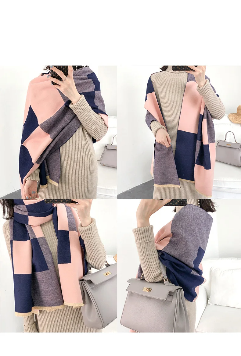 Thick Cashmere Women Winter Scarf Solid Plaid Female Pashmina Scarves Shawls and Wraps Luxury New