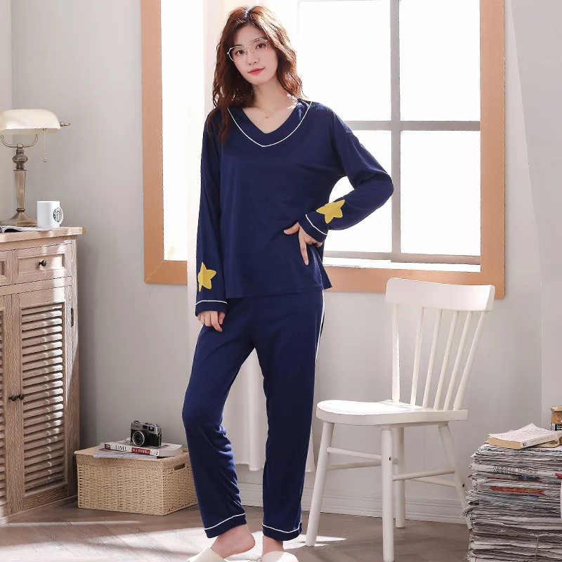 Koop Herfst En Winter Grote Code V hals Vrouwen Nachtkleding Pak Lange Mouw Broek Puur Katoen Vrouwen Nachtkleding Dames Pyjama