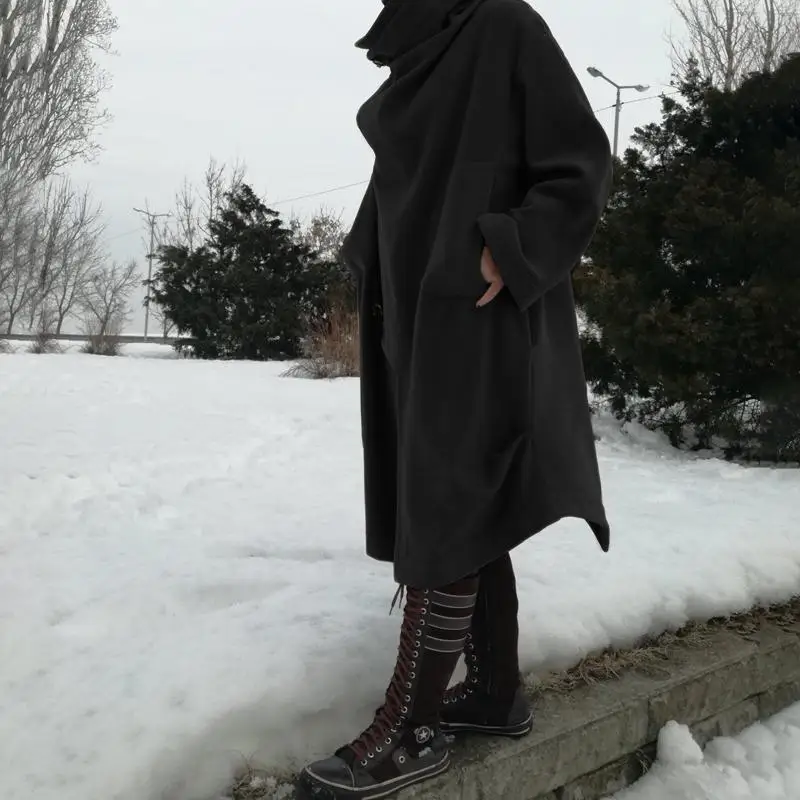 Зимнее женское пальто, винтажные куртки, повседневный свободный ассиметричный кардиган, свитер с высоким воротом, длинное пальто размера плюс