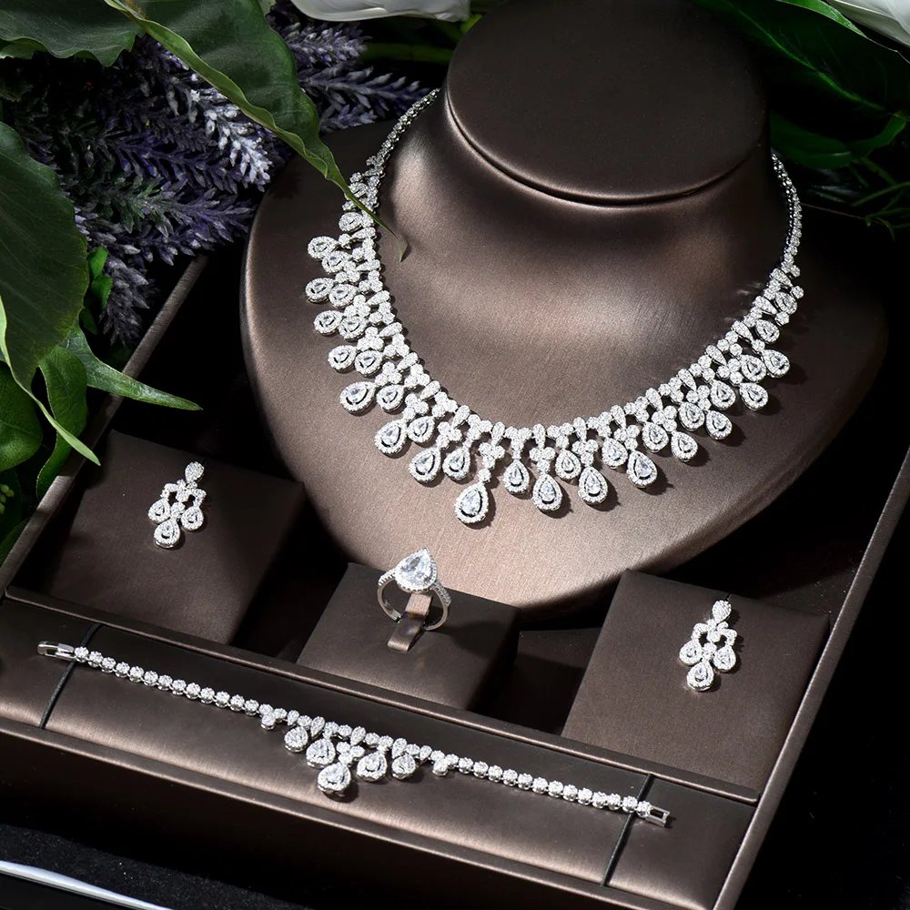 Luxury Zircon Engagement Ring & Necklace Jewelry Set For Wedding