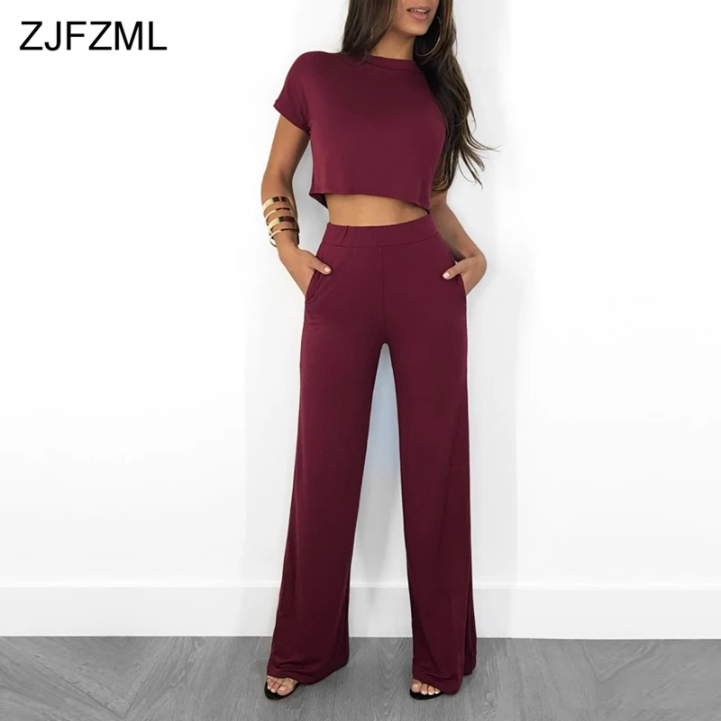 ZJFZML, новая модная детская одежда, 2 шт, комплекты, подходящие для всей Для женщин с круглым вырезом короткий рукав топ+ полной длины брюки с широкими штанинами; Повседневное однотонные Двойка наряды - Цвет: Wine Red