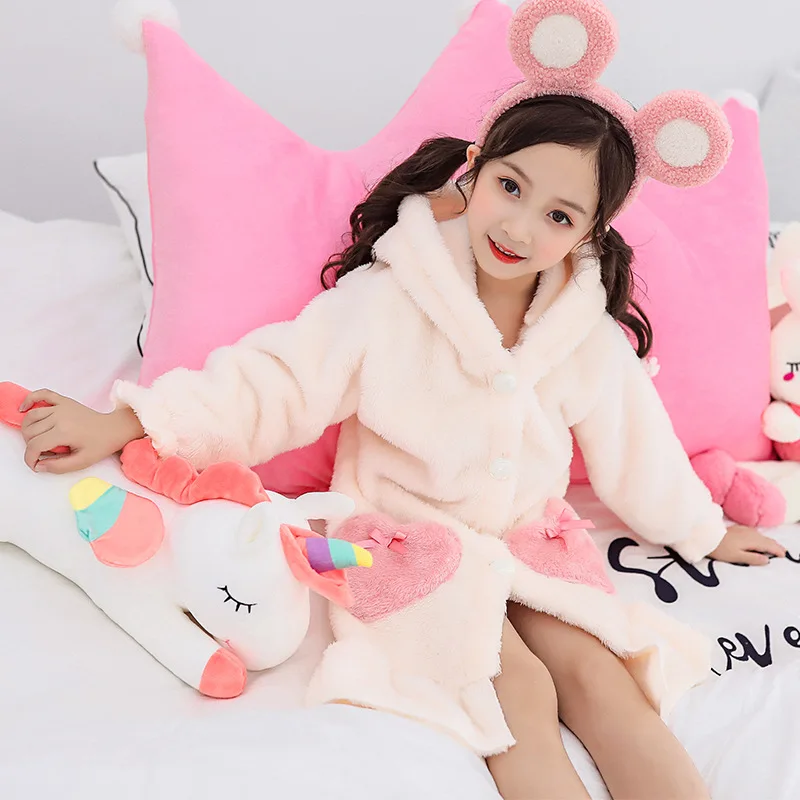 Girls' Pajamas Pink Cute Children Flannel Bathrobe Home Fleece Kids Sleepwear Autumn Winter Nightgown for Girls Robes elegant pajama sets Sleepwear & Robes