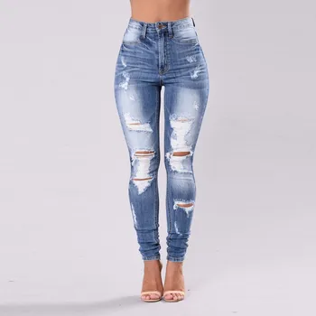 

High Waist Ladies Pure Color Jeans Hole No Bomb Cultivate Oneself Ankle-length Pants Soft Casual Thouers For Women #3