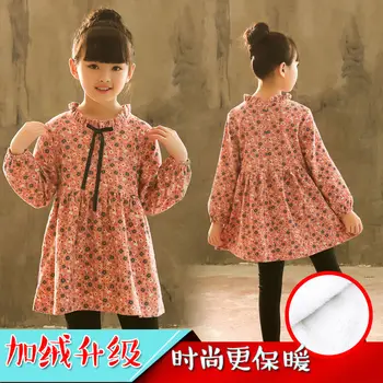 

Girls dress 3-11 years old cotton spring autumn and winter plus velvet floral children's dress foreign style princess dress