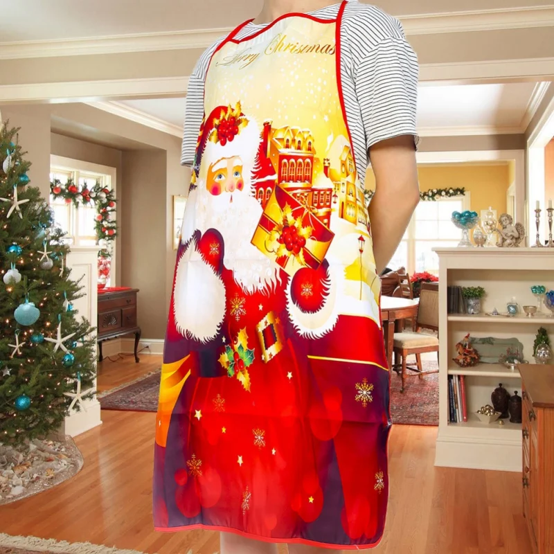 

Christmas Apron Tree Deer Snowman Printing Ornaments Xmas Apron Big Pocket Brief Fabric Kitchen Baking Cooking Bib Apronfor