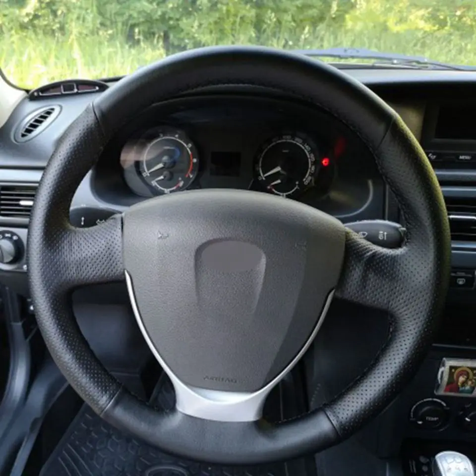 Ручная сшитая черная крышка рулевого колеса из натуральной кожи для Lada Priora 2013- Kalina 2 2013- автомобильные аксессуары