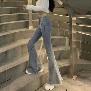 

Female Wide Leg Stretch Skinny Flare Denim pants Ladies Casual Light blue Streetwear High Waist Bell Bottom Long jeans For Women