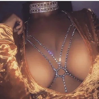 

Bling Sexy Full Rhinestone Cross Body Chain Bra Necklace for Women Nightclub Luxury Crystal Chest Chain Breast Bra Body Jewelry
