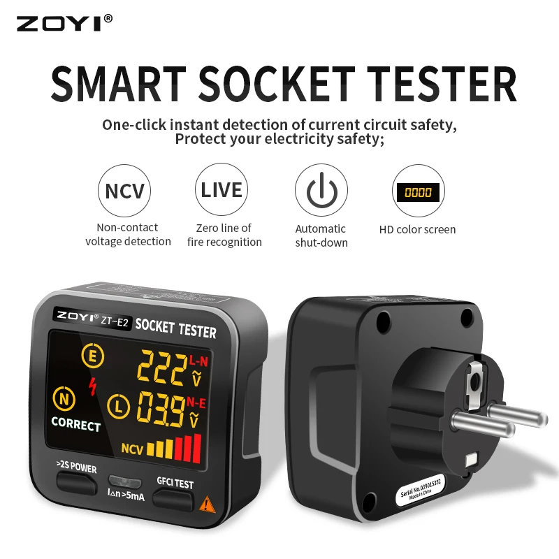 ZOYI Socket Tester Digital EU/US/UK Plug Smart Outlet checker Home circuit check LCD Phase sequence/Non contact voltage Detector