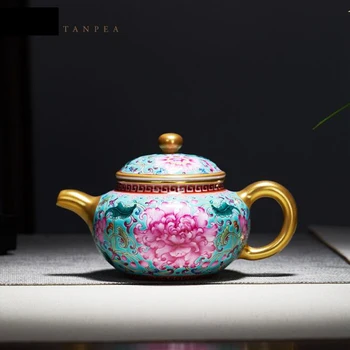 

Master Artwork Jingdezhen Ceramic Enamel Pink Peony pattern Xishi Teapot Kung Fu Tea Cup Handmade Cup Turquoise Color Mom's gift