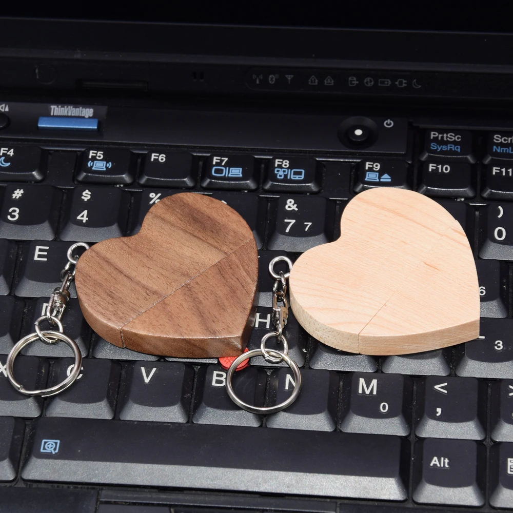 Key Chain Wooden Heart USB 2.0 Flash Drive 4G 8G 16G 32GB 64G 128G Custom LOGO Pen Drive Gifts Memory Stick Real Capacity U Disk