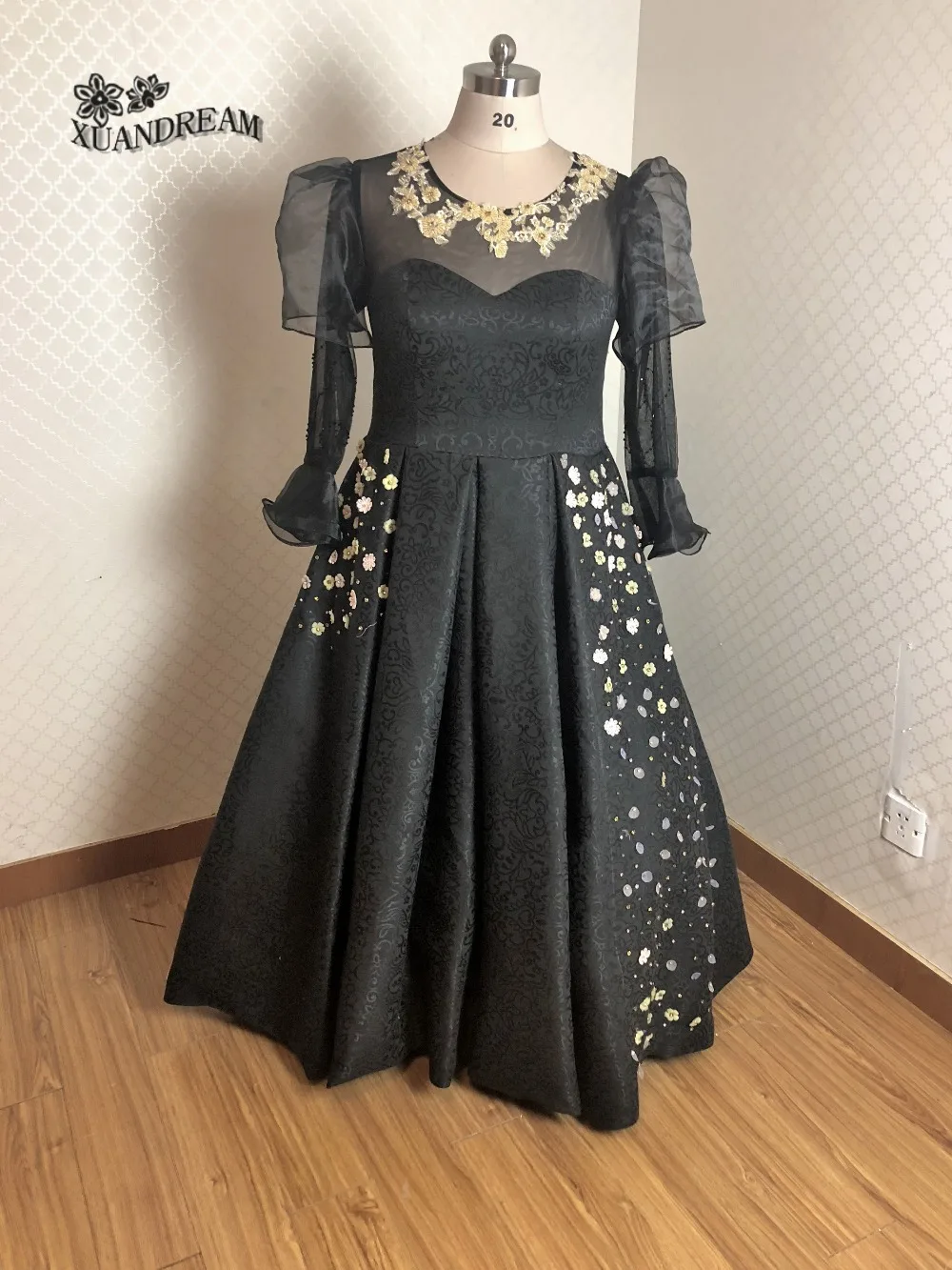 Плюс размер элегантное женское платье с цветочным принтом trajes de noche de gala с длинными рукавами черные Выпускные платья Сделано в Китае XD-137