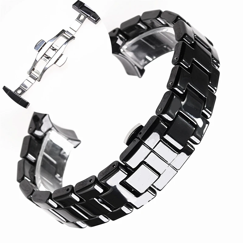Ceramic Watch Strap Band Bracelet with Butterfly Clasp - Black/White, 18mm/22mm