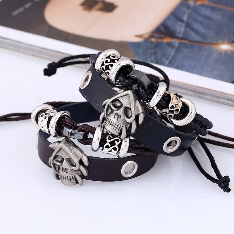 2019 Genuine Leather Women Men Bracelet Bangle Alloy Skull Accessories Fashion Adjustable Jewelry Gift | Украшения и аксессуары