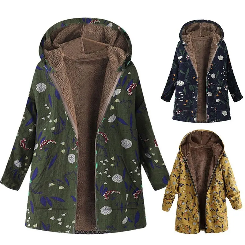 Greatest  Vertvie Women Winter Coat Loose Floral Print Hooded Outwear Coats Casual Female Vintage Warm Pocket