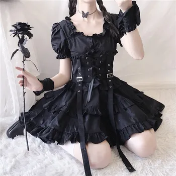 Wiktoriański renesansowy czarny Gothic Lolita sukienka japońska dziewczyna w stylu Vintage Punk Style bufiaste rękawy bandaż Mini sukienka kobiety sukienki tanie i dobre opinie WOMEN Krótki Poliester Lolita Ubiera WF206183