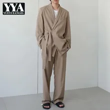 Harajuku дизайнерские брендовые Новые мужские повседневные блейзеры с боковым ремнем, Осенние однотонные свободные мужские куртки с длинным рукавом, верхняя одежда, уличная одежда