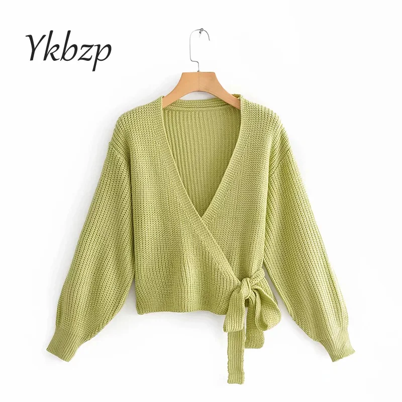 2019 Autumn New Sweet V neck Lacing up Strappy Knitted Wrap Sweater Woman Puff Long sleeve Short Jumper |