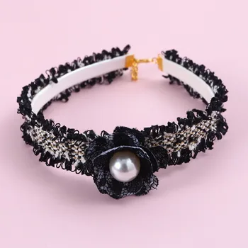 Pet Collar Dog Pearl Necklace Black and White Lace 2