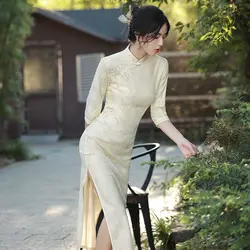 Cheongsam Dress Women's Plus Size Tops 2022 Spring New Cotton Blend Jacquard Split Chinese Style Retro Long Qipao Dresses Woman