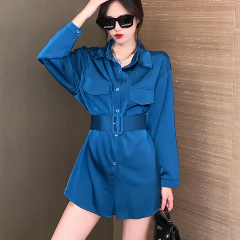 

Autumn Korean Style Women Temperament Tops Long-Sleeved Loose Shirt Dress With Belt