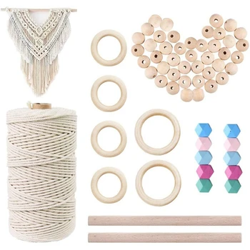 

Macrame Cotton Rope m with Wood Ring and Wood Stick and Colour Beads for DIY Macrame Kit,Wall Hanging,Plant Hanger