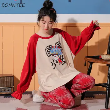 

Pajama Sets Women Spring Autumn Plus Size Loose Leisure Chinese Style Cute Cartoon Printed Homewear Female Sleepwear Daily Chic